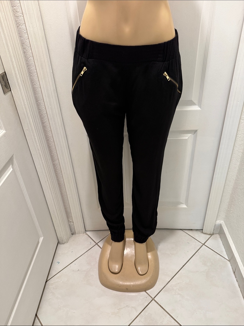 XOXO Black Jogger Pants with Gold Zip Accents